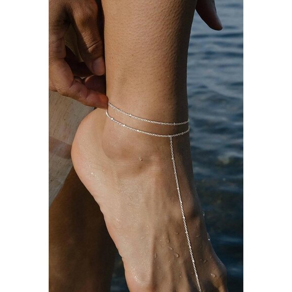 2 Layered Anklet A-SL Beaded Cuban Link Waterproof Adjustable Anklet for Women - Picture 8 of 8